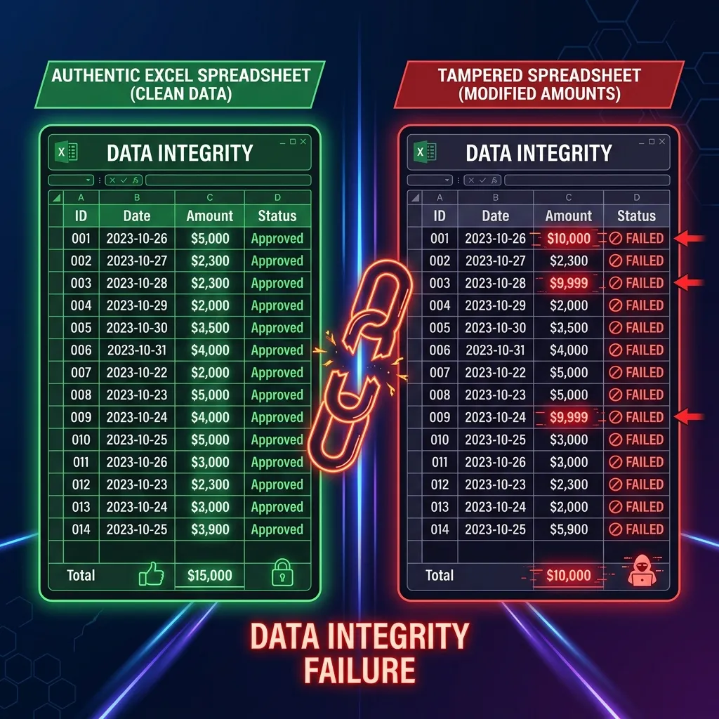 Minh họa file Excel thu chi với &ocirc; dữ liệu bị sửa đổi &acirc;m thầm, so s&aacute;nh dữ liệu gốc m&agrave;u xanh v&agrave; dữ liệu đ&atilde; bị thay đổi m&agrave;u đỏ