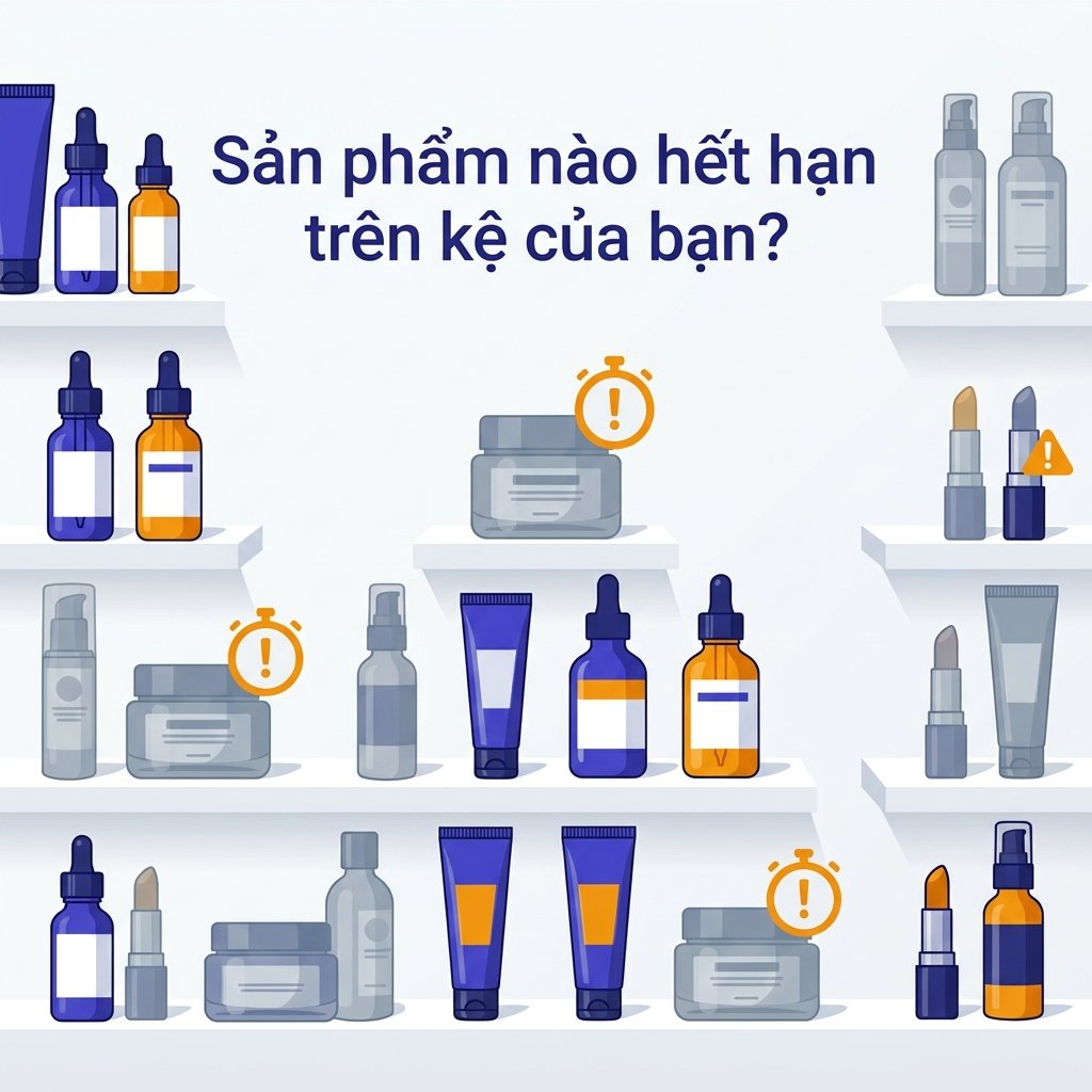 Kệ trưng bày mỹ phẩm với các sản phẩm hết hạn sử dụng