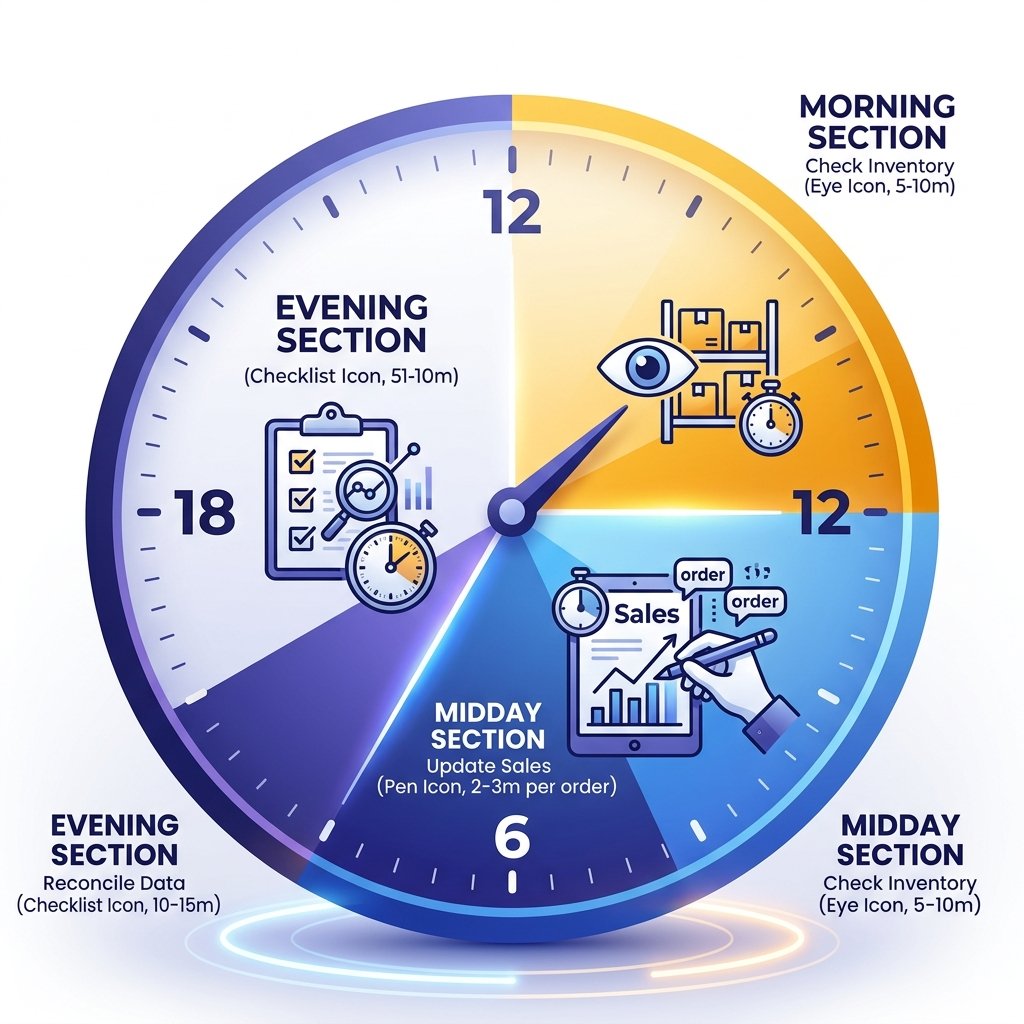 Daily workflow quản lý XNT — 3 thời điểm trong ngày