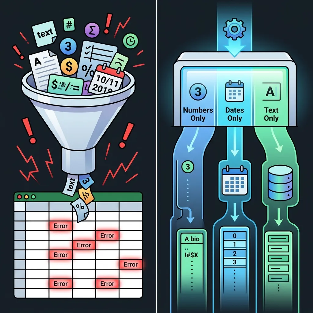 Hệ thống nhập liệu tự do và hệ thống nhập liệu có cấu trúc So sánh bảng tính Excel không kiểm soát đầu vào và cơ sở dữ liệu Web App phân luồng dữ liệu sạch