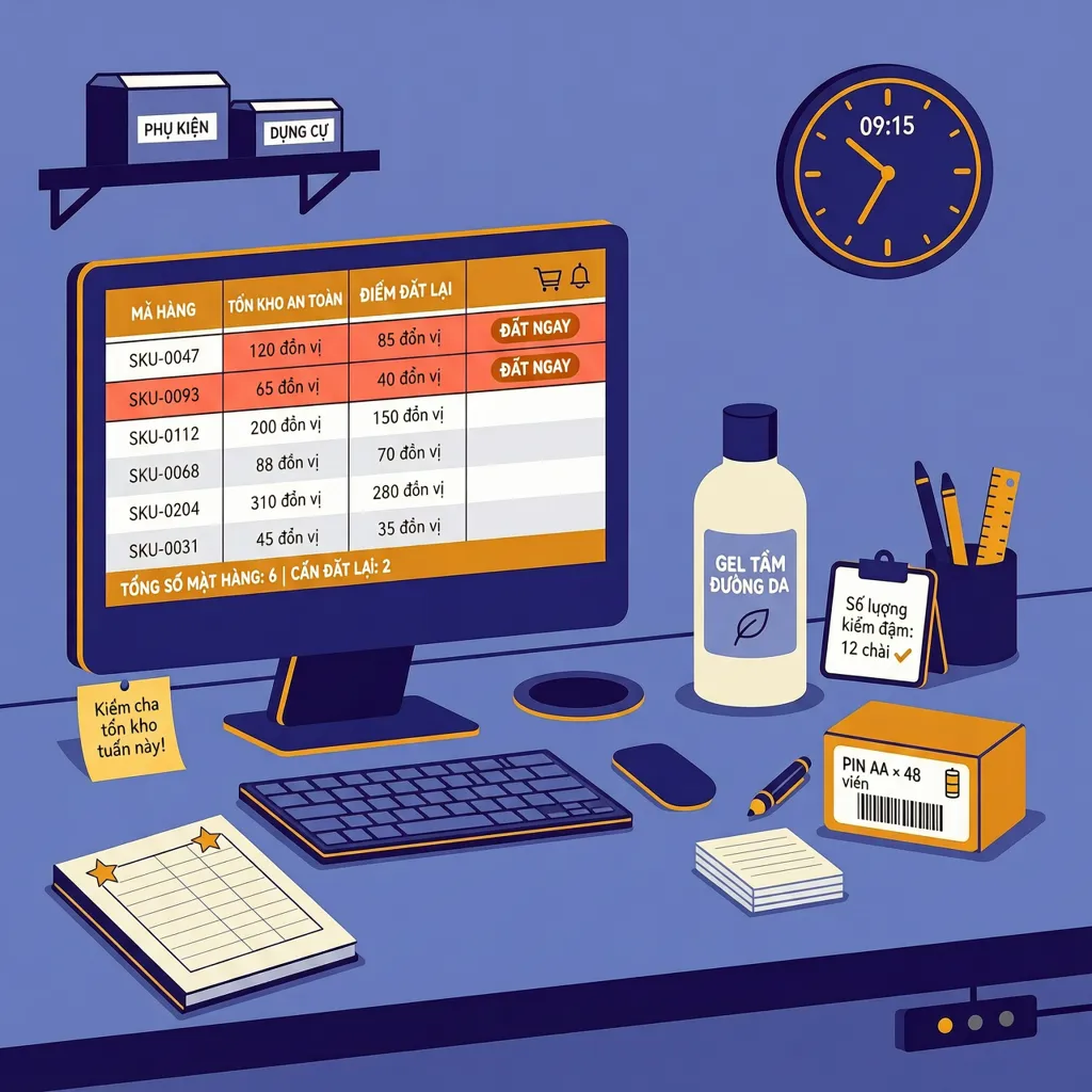 Bảng ROP trong Excel với dòng tồn dưới ngưỡng được tô đỏ báo đặt hàng