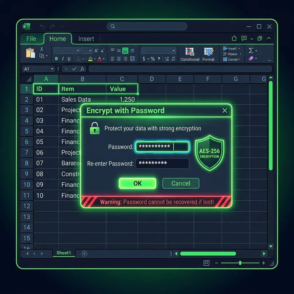 Giao diện hộp thoại Encrypt with Password trong Excel với c&aacute;c bước đặt mật khẩu m&atilde; h&oacute;a AES-256 cho file dữ liệu nội bộ
