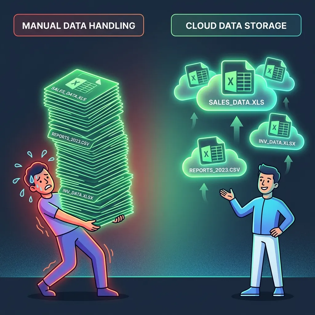 Minh họa chuyển đổi từ mang file thủ công bằng tay sang đám mây tự động — nâng cấp phương thức backup Excel