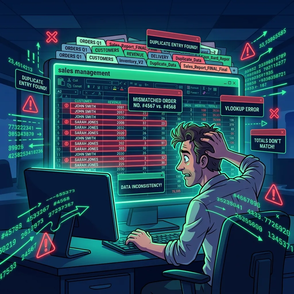 Minh họa file Excel quản lý bán hàng hỗn loạn với nhiều tab chồng chéo và cảnh báo lỗi đơn hàng trùng lặp, nền tối neon xanh đỏ