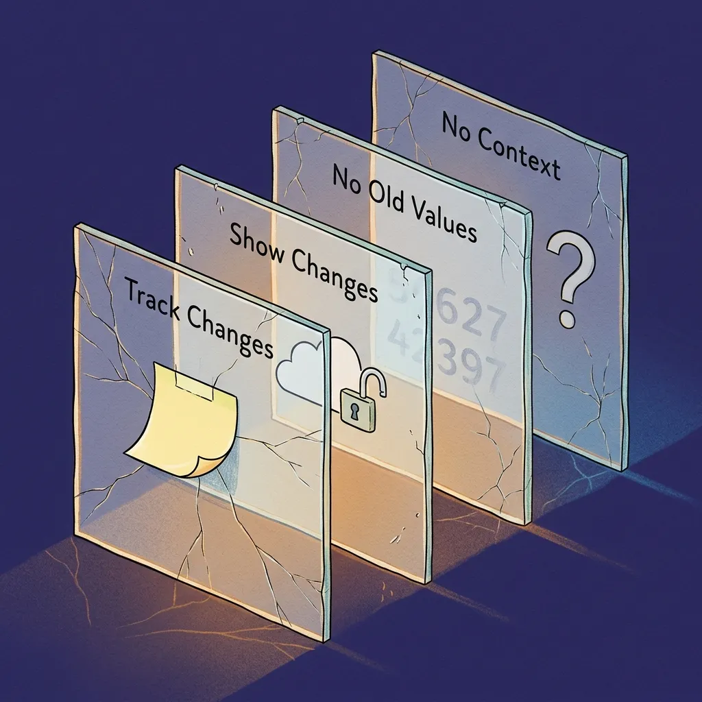 Bốn lớp giới hạn của Excel xếp chồng lên nhau gồm lỗi Track Changes, Show Changes bị giới hạn, không lưu giá trị cũ và thiếu ngữ cảnh chỉnh sửa
