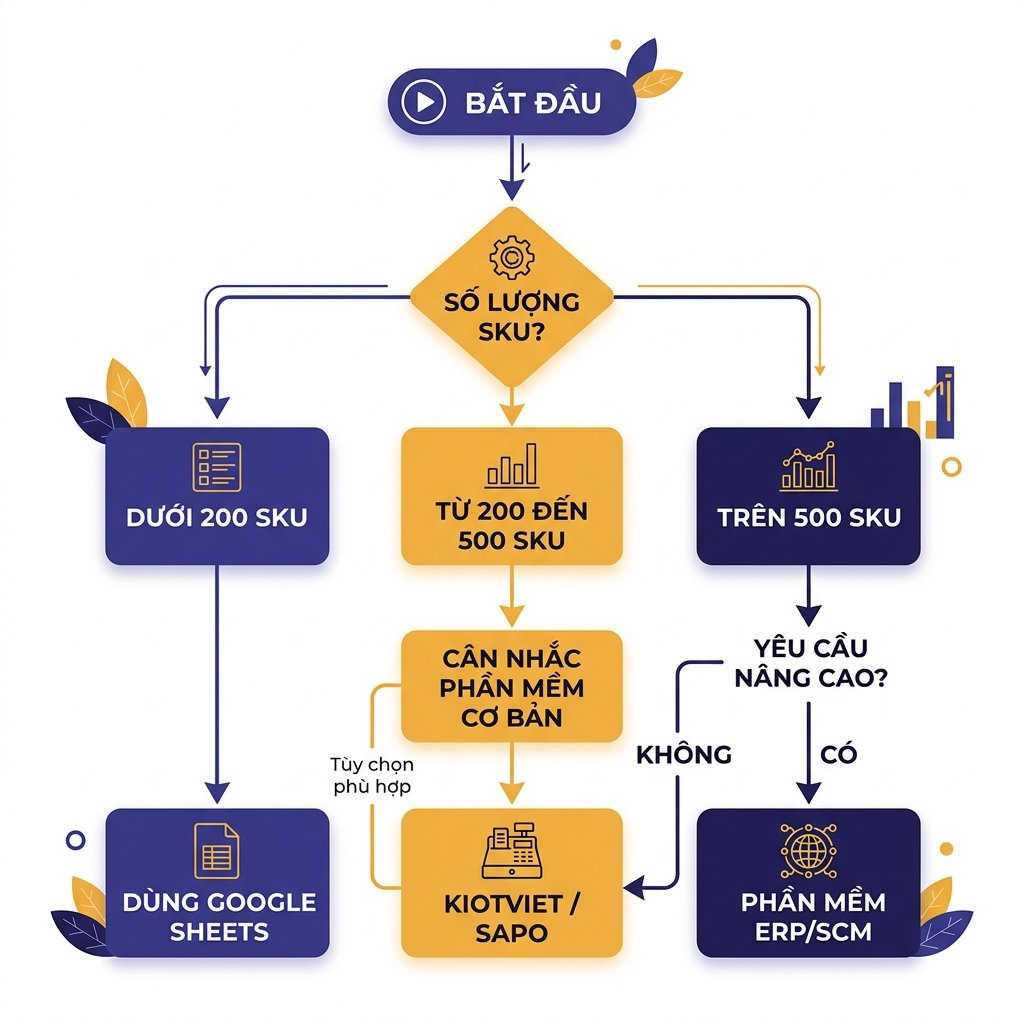Flowchart chọn giải pháp quản lý kho theo số lượng SKU