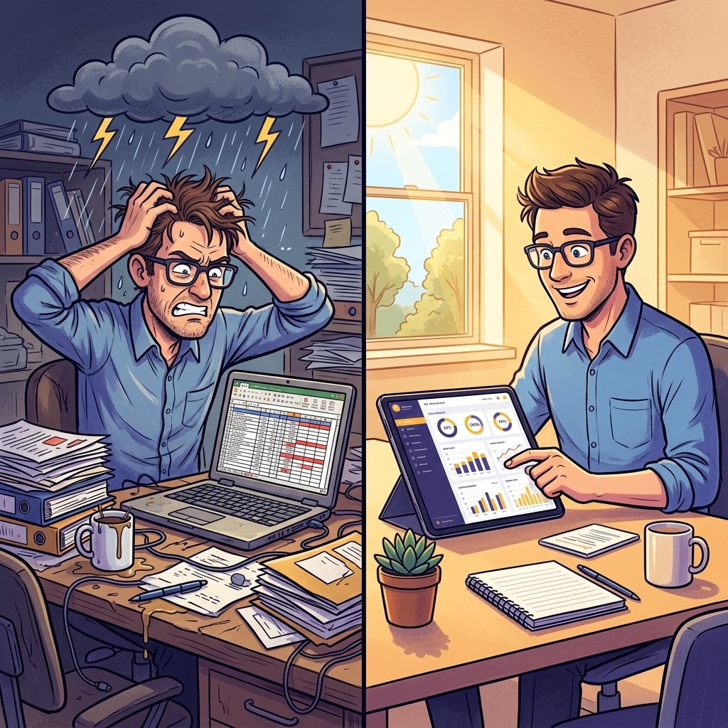Nhân viên quản lý kho chuyển từ file excel sang phần mềm — từ cau có sang hài lòng