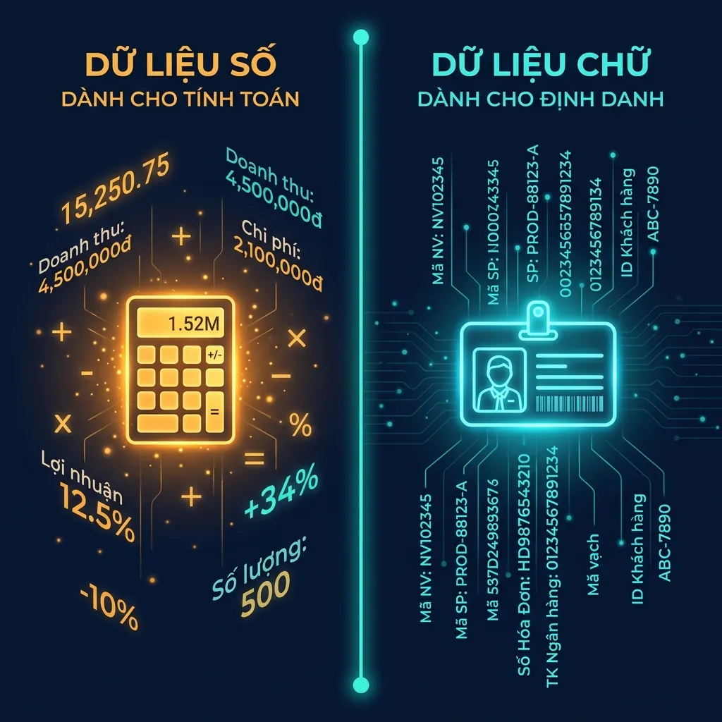 Sự khác biệt giữa kiểu dữ liệu Số và Văn bản định danh Phân biệt hai loại dữ liệu Number cho tính toán và Text cho định danh trong Excel