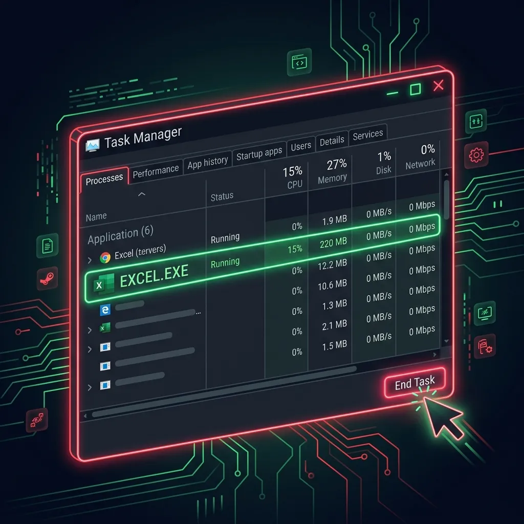 Ảnh chụp màn hình Task Manager tắt tiến trình Excel chạy ngầm