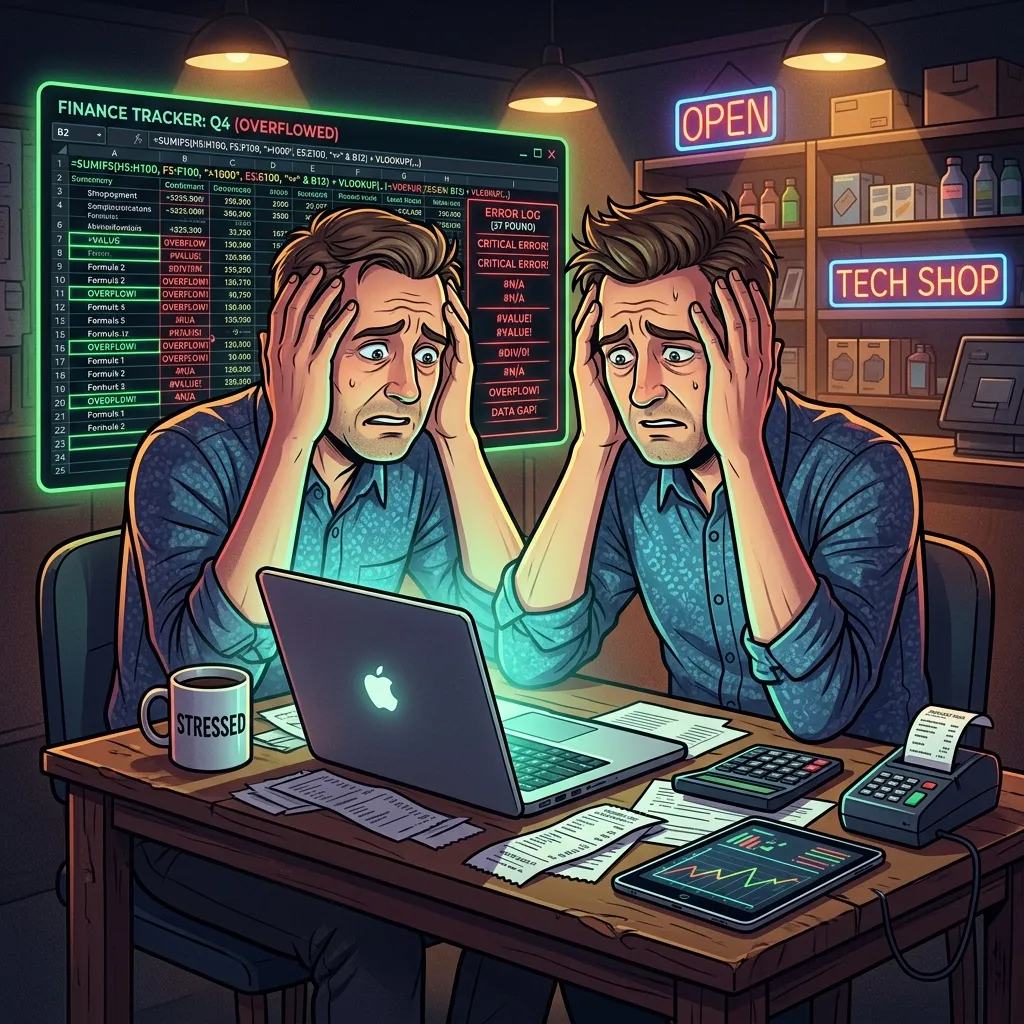 Chủ shop mệt mỏi xử lý file Excel tài chính bị lỗi hiển thị neon xanh đỏ