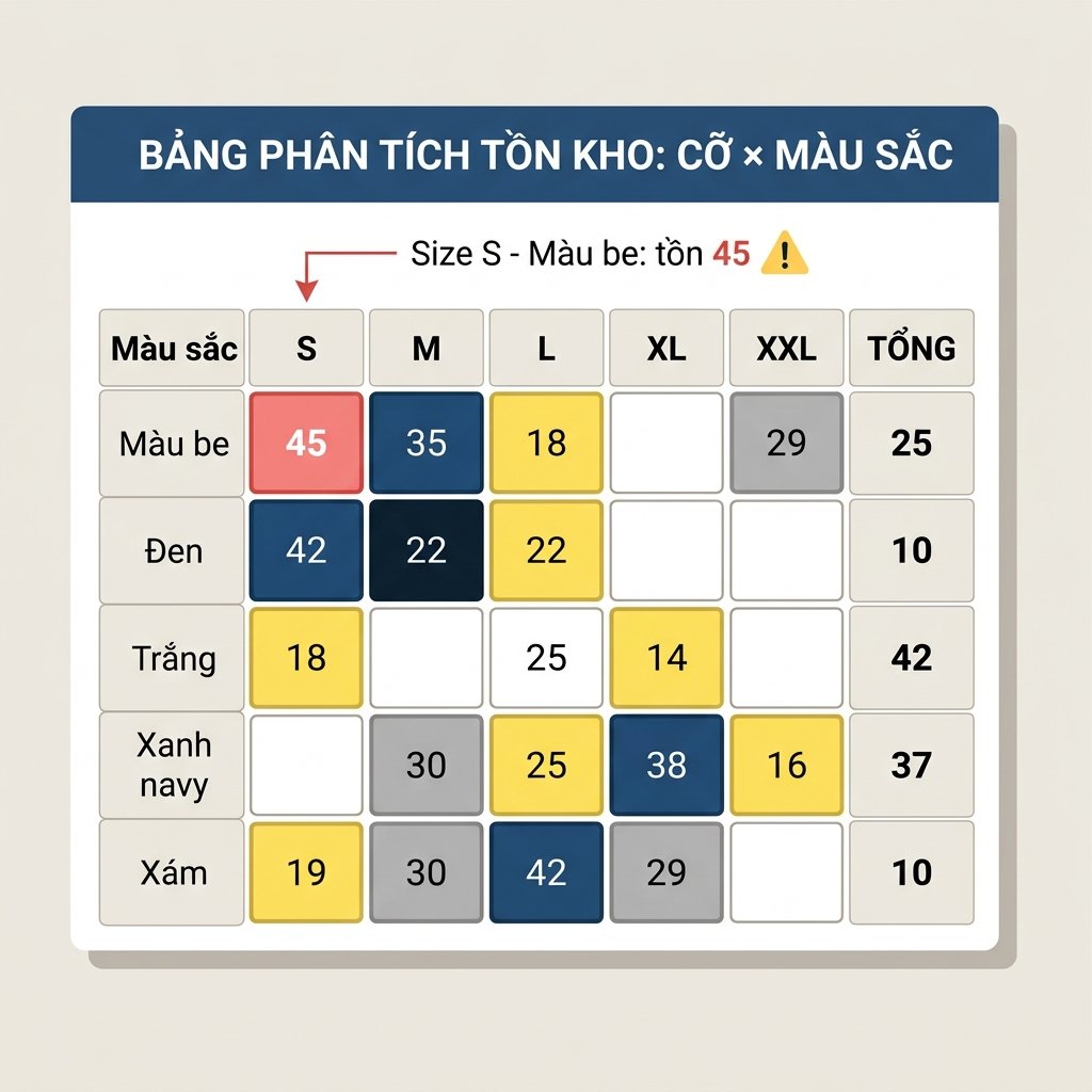 Ma trận tồn kho size và màu sắc trên Excel — ô đỏ cảnh báo tồn đọng