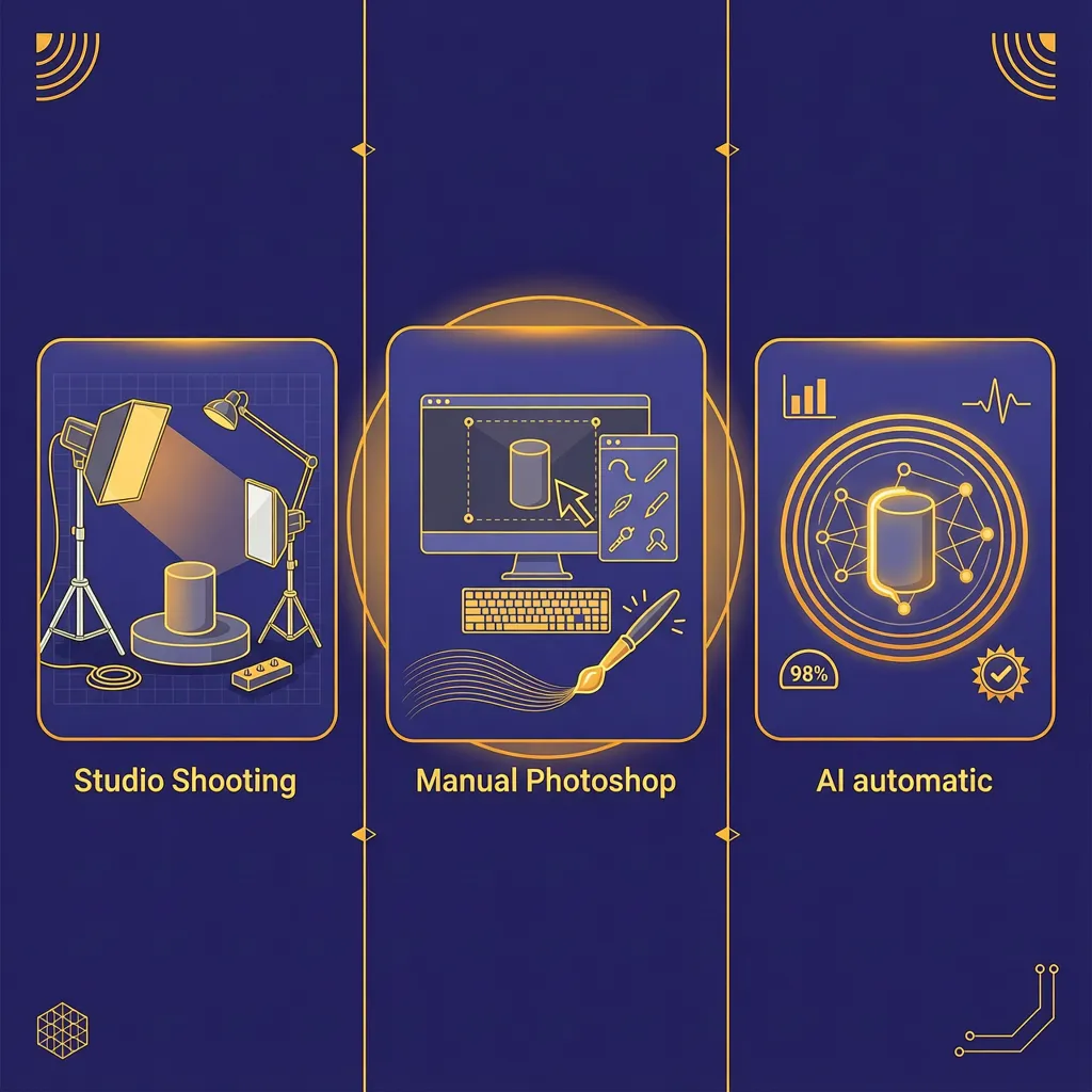 So sánh 3 cách xoá phông ảnh sản phẩm studio photoshop AI