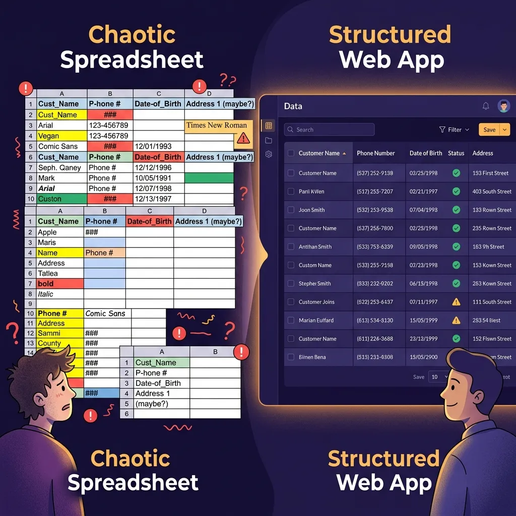 So sánh định dạng tự do của Excel và giao diện nhất quán của Web App So sánh bảng tính Excel vỡ định dạng và Web App có cấu trúc đồng bộ sạch sẽ