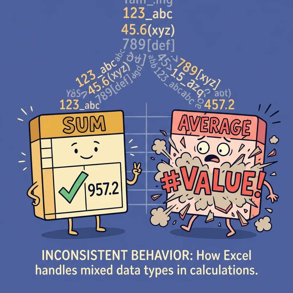 So sánh hành vi hàm SUM và AVERAGE khi gặp lỗi VALUE Sự khác biệt khi gặp lỗi VALUE giữa hàm SUM bỏ qua text và hàm AVERAGE báo lỗi