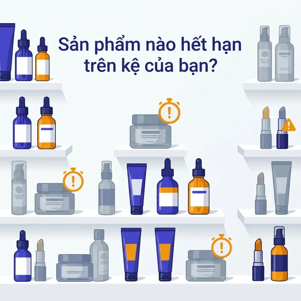 Kệ mỹ phẩm chứa các sản phẩm hết hạn sử dụng và còn hạn