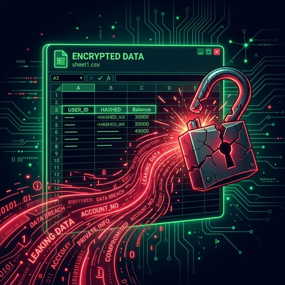 Hình minh họa file Excel bị rò rỉ dữ liệu qua ổ khóa bị bẻ gãy, nền tối với hiệu ứng neon đỏ và xanh lá, minh họa rủi ro bảo mật mật khẩu Excel