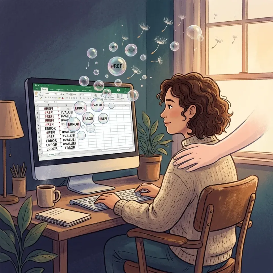 Hình minh họa lỗi Excel biến thành bong bóng bay đi và bàn tay an ủi người dùng