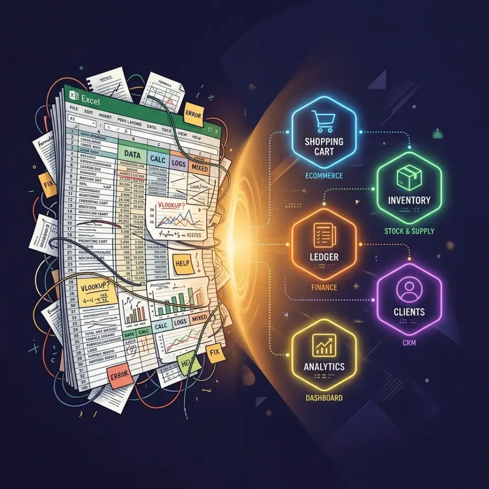 Hình minh họa chuyển đổi dữ liệu từ 1 file Excel cồng kềnh sang 5 module quản lý bán hàng gọn gàng