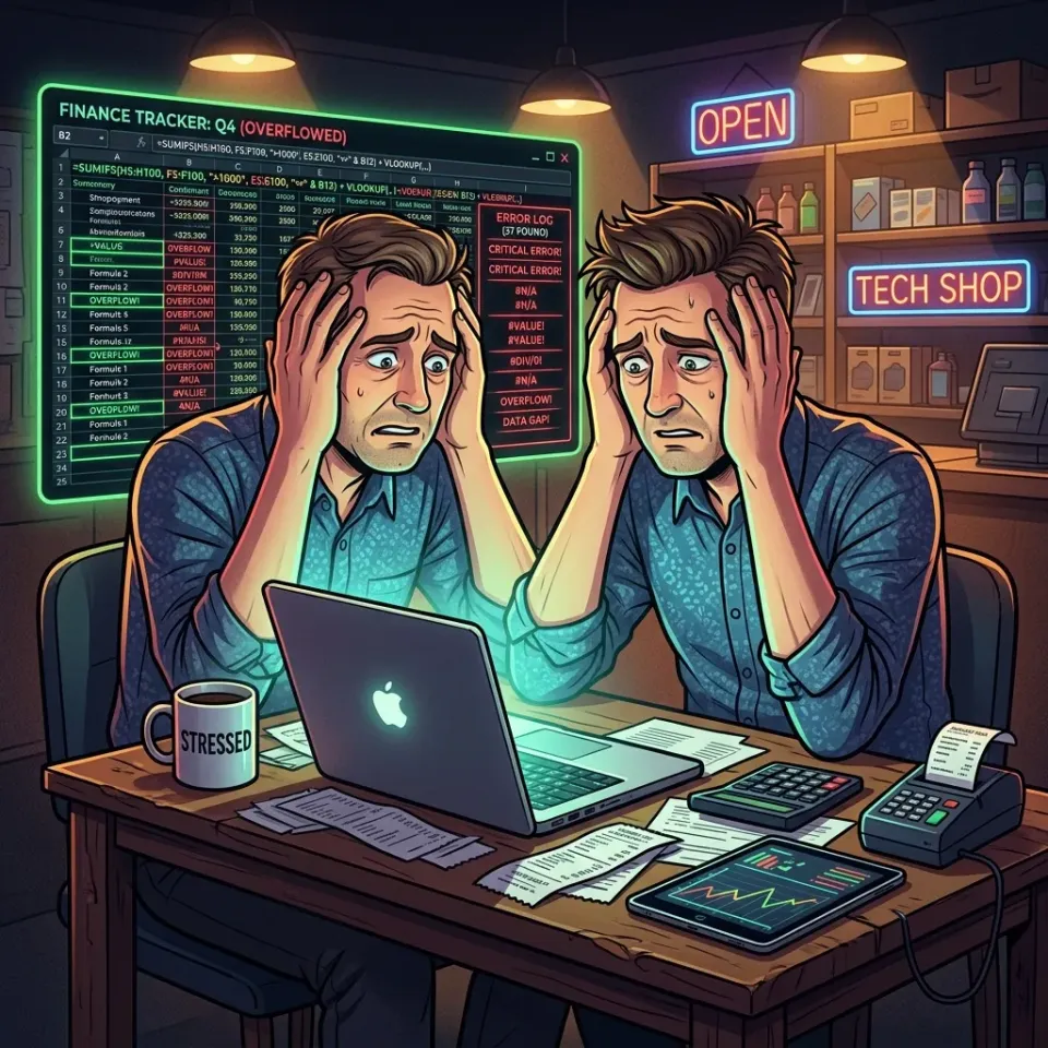 Chủ shop mệt mỏi xử lý file Excel tài chính bị lỗi hiển thị neon xanh đỏ