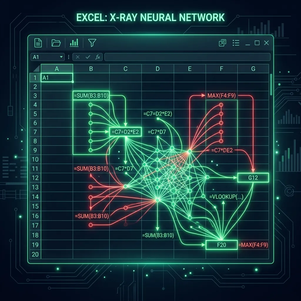 Chụp X-quang công thức Excel Mạng lưới liên kết công thức phát sáng dưới grid Excel